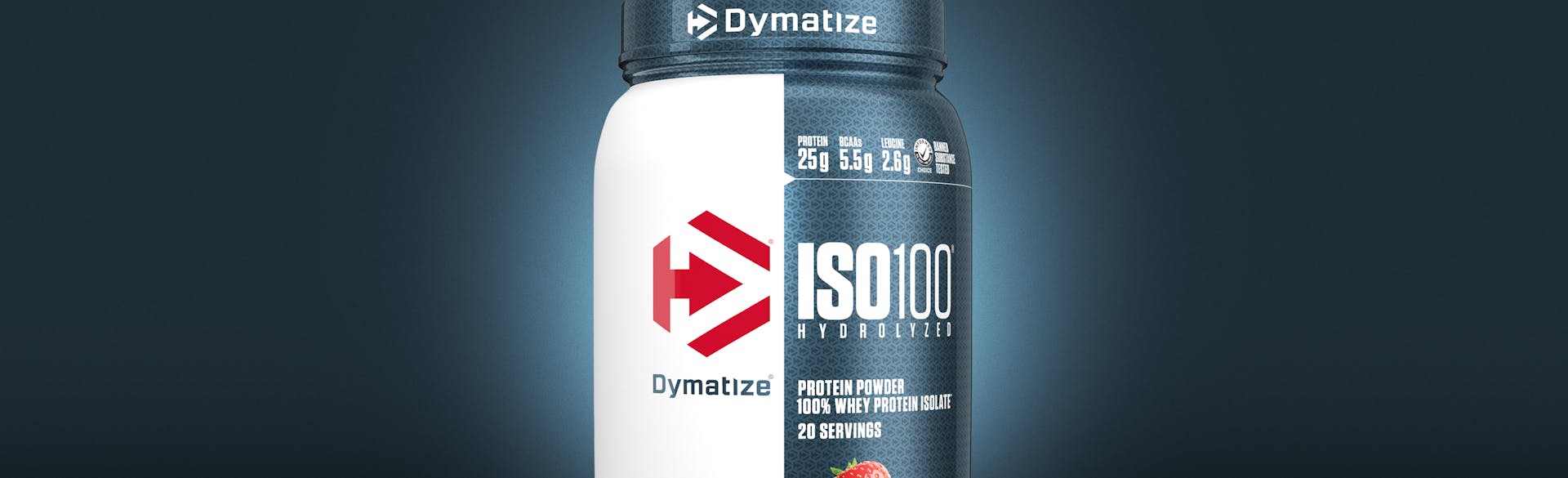 A single tub of Dymatize ISO100 Strawberry