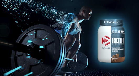 Stylized image of a weightlifter and a tub of Dymatize Gourmet Chocolate ISO100